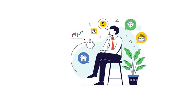 Thoughtful businessman sitting on a stool and thinking about various financial investment options for his future.