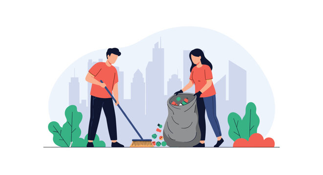 Pair of volunteers cleaning up litter and trash in a city park to help protect the environment and keep it clean.