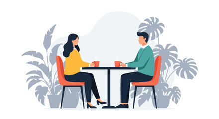 Fototapeta premium Young man and woman sitting at a cafe table and having a conversation over hot coffee, surrounded by tropical plant silhouettes.
