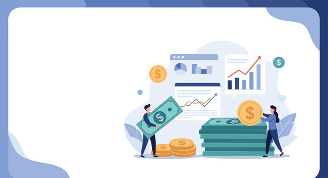 Man and woman managing financial wealth by handling large cash and coins in front of business growth charts and data analytics.