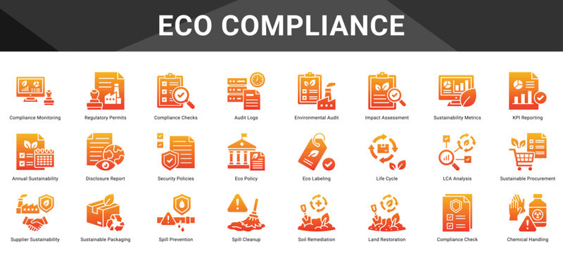 ECO COMPLIANCE  Icon set collection. Vector icon pack featuring thematic icons for your presentations or business.