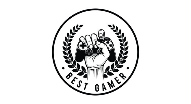 Badge for the best gamer featuring a human hand holding a video game controller surrounded by a traditional laurel wreath.