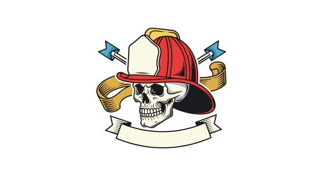 Vintage-style illustration of a skull wearing a classic red firefighter helmet with crossed arrows and decorative banners.