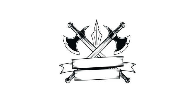 Heraldic crest showing two crossed battle axes and a central spear head with blank ribbon banners for custom text.