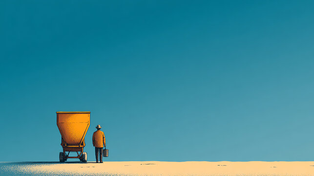 A lone figure pulls a cart across a vast, empty landscape.