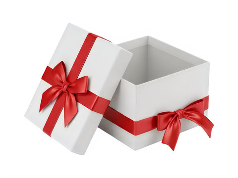 Open white gift box with red ribbon and bow isolated on transparent background