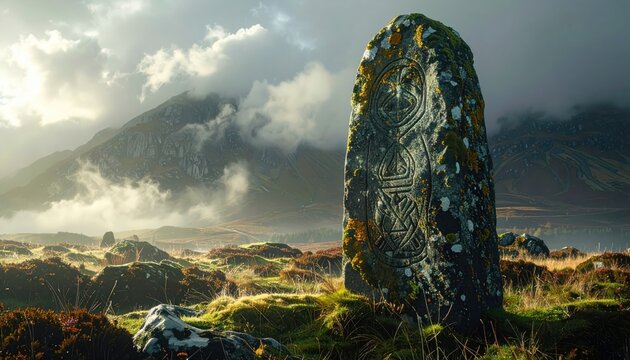 Ancient Pictish standing stone with intricate carvings set against a dramatic mountainous landscape