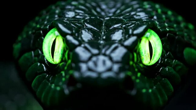 Hypnotic Close-Up of a Venomous Snake with Glowing Green Eyes in Darkness.