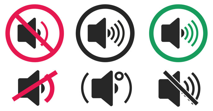 No speaker sound and keep silence icon set, red circle prohibition and green allowed vector icons, mute and unmute volume symbols, audio control and sound permission concept, modern flat vector illust