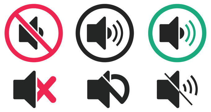 Mute and unmute volume icon set, sound off and sound on symbols with red and green status indicators, audio control and silence concept, clean vector design elements for mobile apps, settings 