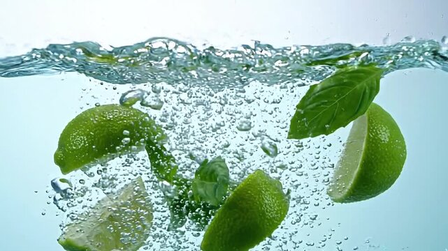 Fresh lime slices and basil splashing in water.