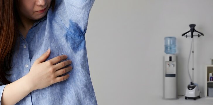 Embarrassed woman checking her underarm sweat stain on a blue shirt