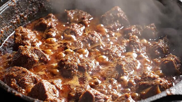 Sizzling beef rendang cooking in pan.