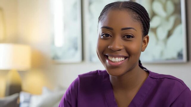 Warm indoor lighting illuminates a smiling woman. She wears purple scrubs and smiles brightly. Her hair is neatly braided and styled. Background features soft decor and framed art