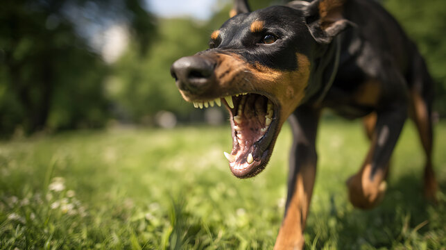 Aggressive Guard Dog Bark or Snarl with Exposed Fangs in Dynamic Action Outdoors, Asserting Dominance and Protection in a Natural Setting