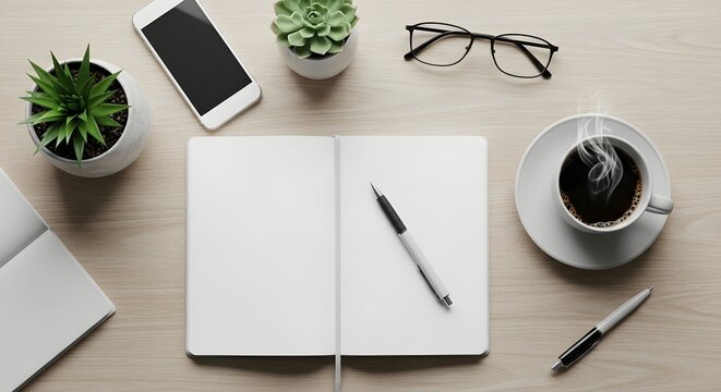 Minimalist flat lay workspace with blank notebook, pen, coffee cup, smartphone and plants on wooden desk; clean modern office concept for productivity, planning and creative writing.