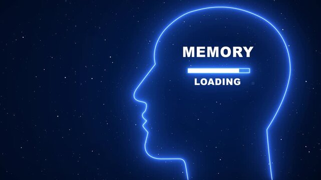 Neon human head silhouette with loading bar and MEMORY text icon signifying life balance, neon animation of a human head with updating progress and balance text image with animation.