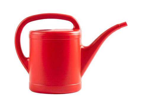 Red plastic watering can isolated on transparent background