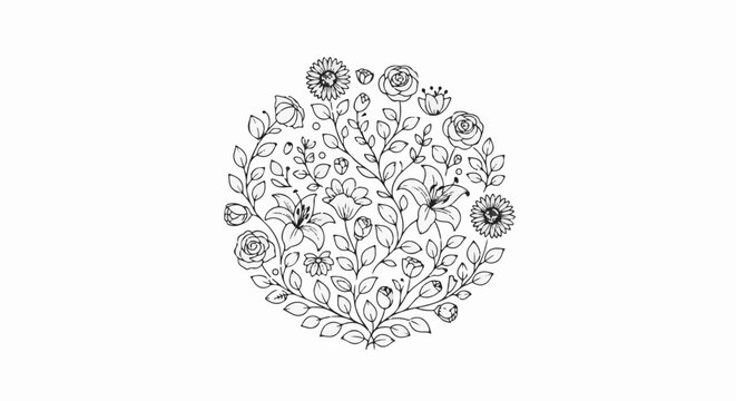 A black and white circular floral design with various blooming flowers and leaves