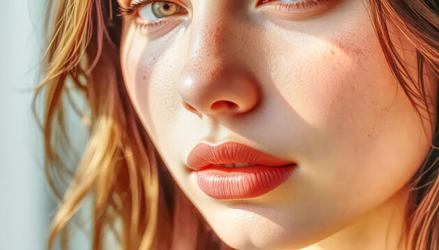 Close-Up Portrait of Young Woman With Natural Lips, Sunlit Skin and Freckles.