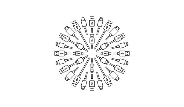 USB connector icons type C A micro USB lightning charger plug adapter radial outline vector collection