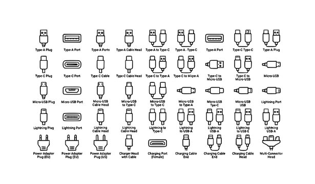 USB cable port icon set type C A lightning micro USB connector charger plug outline symbols vector