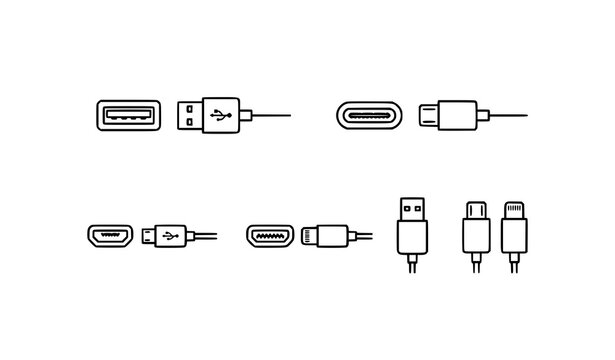 USB cable and charger connector icon pack type C A lightning micro USB port outline symbol set