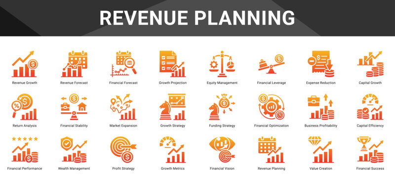 REVENUE PLANNING  Icon set collection. Vector icon pack featuring thematic icons for your presentations or business.