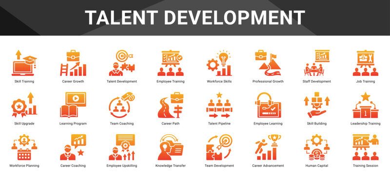 TALENT DEVELOPMENT  Icon set collection. Vector icon pack featuring thematic icons for your presentations or business.