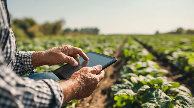Farmer using tablet in a field for modern agricultural practices.