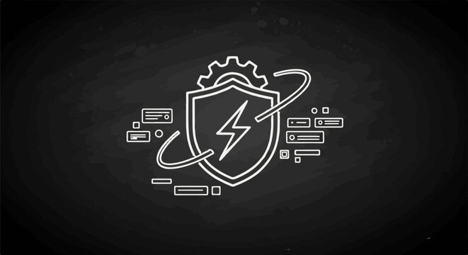 Abstract shield with lightning bolt and gear on chalkboard background