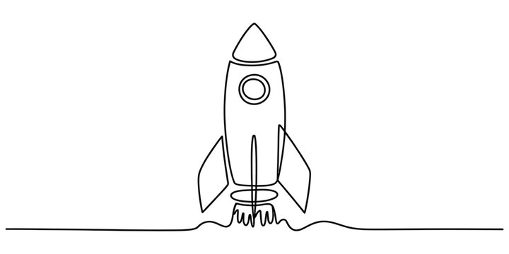 Continuous single line drawing of a simple space rocket ship taking off for a new business project launch concept with minimal black outline style Vector, illustration