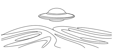 A line art drawing of a flying saucer ufo hovering above a hilly landscape showing a simple science fiction scene for coloring pages and print design Vector, illustration © Alo 2026 Arts