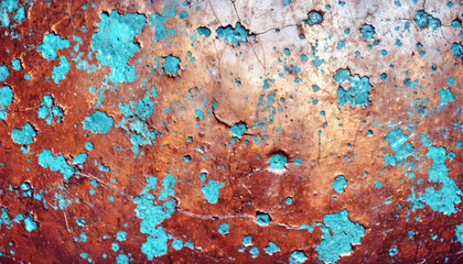 Fototapeta premium Rusty Peeling Paint Texture on Aged Copper Metal With Turquoise Patina Abstract Background.