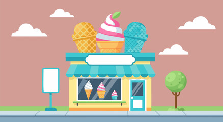 Vector illustration of a colorful ice cream shop with waffle cones and soft serve ice cream, perfect for summer promotions and food marketing