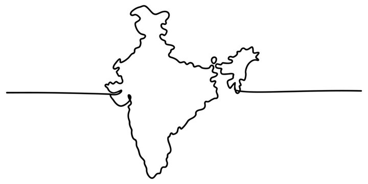 Continuous single line drawing of the map of india silhouette isolated on a plain surface showing the geographic boundary of the country in black ink Vector, illustration