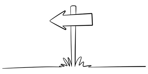A simple hand drawn black and white wooden signpost with an arrow pointing to the left side in a minimalist sketch style for navigation and direction Vector, illustration © Alo 2026 Arts