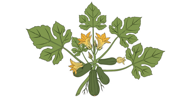 Zucchini plant illustration with fresh green leaves yellow blossoms and growing courgette vegetables isolated on white background
