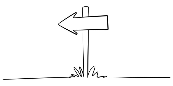 A simple hand drawn black and white wooden signpost with an arrow pointing to the left side in a minimalist sketch style for navigation and direction Vector, illustration