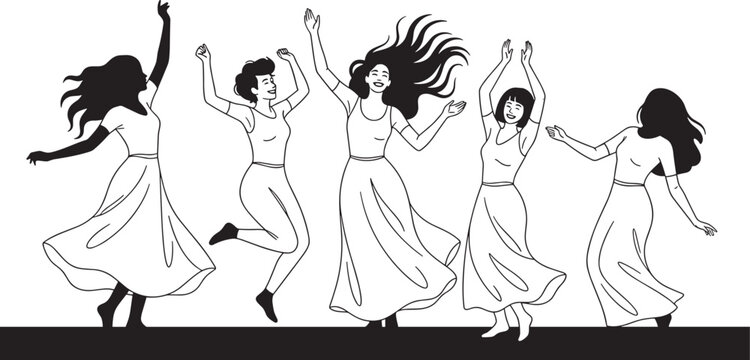 Group of women dancing silhouettes expressing joy freedom and celebration in minimal black and white illustration style