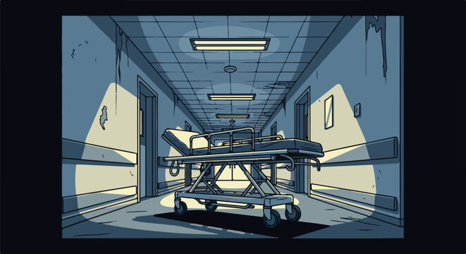 Creepy hospital hallway with an empty gurney bathed in eerie light