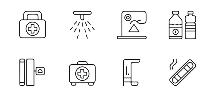 Thin line outline icons for industrial safety first aid and emergency facilities