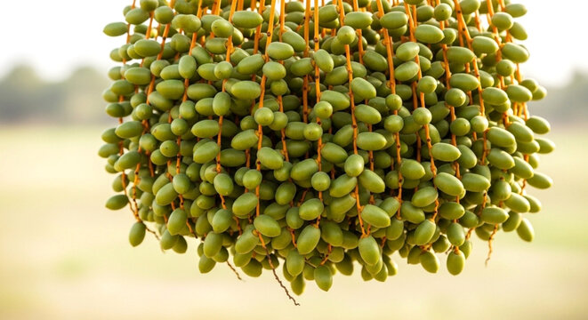 Bunch of fresh green dates hanging on a palm tree, raw organic fruit of the date palm, agricultural harvest concept