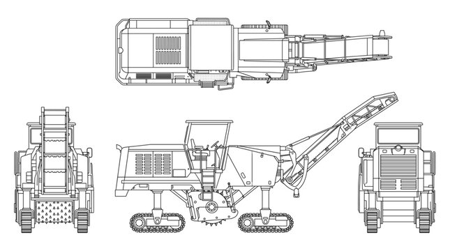 Cold planer technical drawing blueprint with front side back and top views CAD line art vector illustration