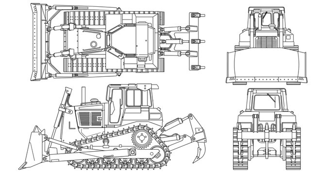 Bulldozer technical drawing blueprint with front side back and top views CAD line art vector illustration