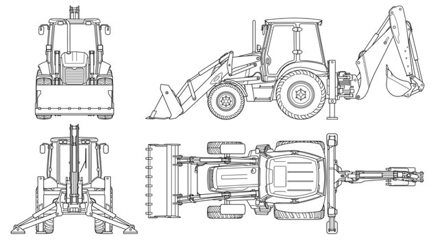 Backhoe loader technical drawing blueprint with front side back and top views CAD line art vector illustration