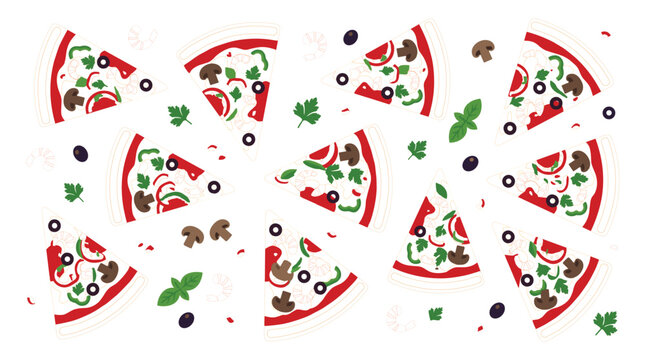 Seamless pizza pattern vector illustration with slices, mushrooms, olives, herbs and cheese, colorful Italian food background design for restaurant and menu themes