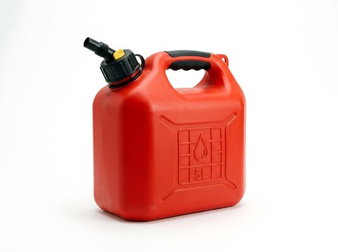 Durable red plastic gasoline container, featuring an embossed label and black nozzle, displayed on a white background.