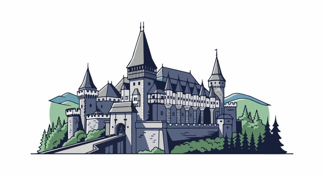 Majestic castle with multiple towers sits atop a hill, surrounded by trees
