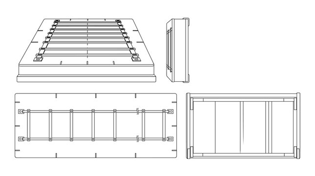 Agility ladder platform technical drawing blueprint with front side back and top views CAD line art vector illustration